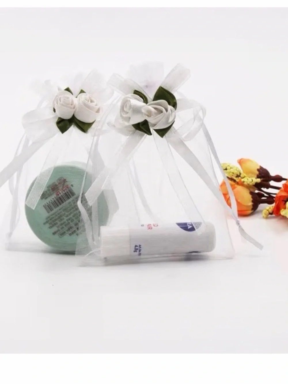 Elegant White Rose Organza Favor Bags with Green Leaves - 50 bags